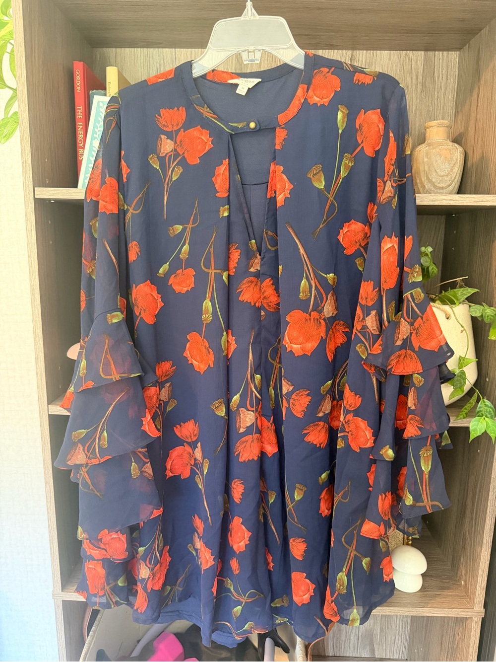 Umgee Navy Floral Bell Sleeve Dress with Red Poppies